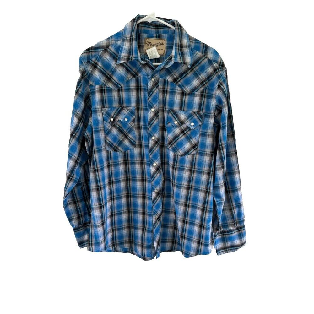 Wrangler Western Shirt Large Plaid Pearl Buttons 2 Pockets Rodeo Cowboy Large